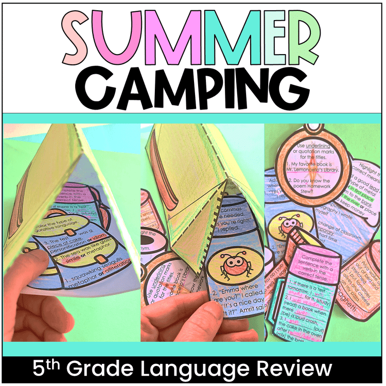 A 3D tent filled with camping items that have fifth grade grammar questions.