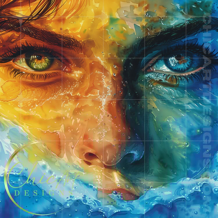 Watercolor Ocean woman with a blue and green eye, stock image illustration