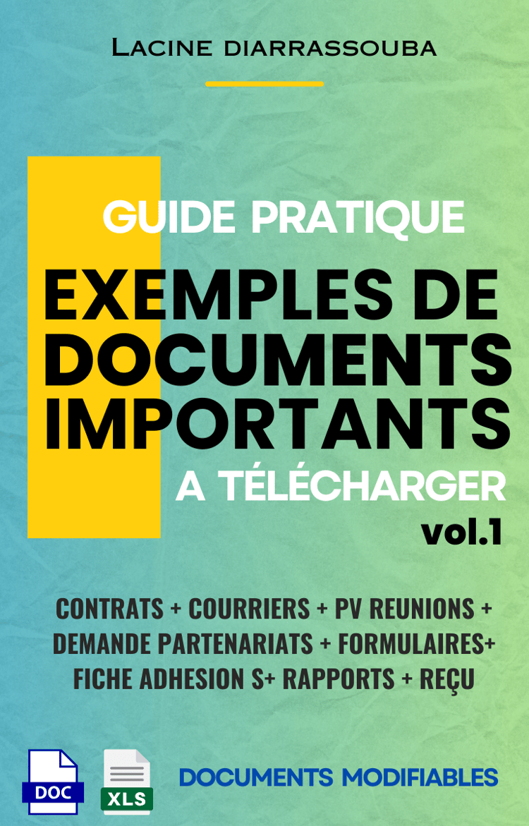 Découvrez un Ebook polyvalent regroupant des modèles essentiels pour contrats, courriers, PV de réunions, demandes de partenariats, formulaires, fiches d'adhésion, rapports, registre clients, gestion de Budget familiale, Entreprise, réçus...     Simplifie