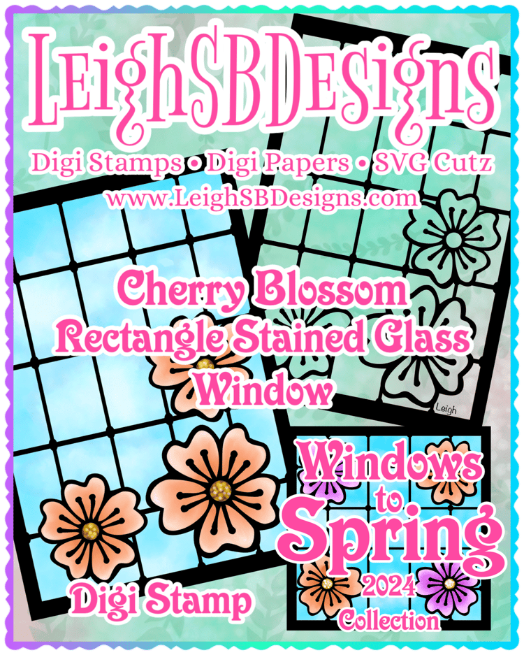 LeighSBDesigns Cherry Blossom Rectangle Stained Glass Window Digi Stamp