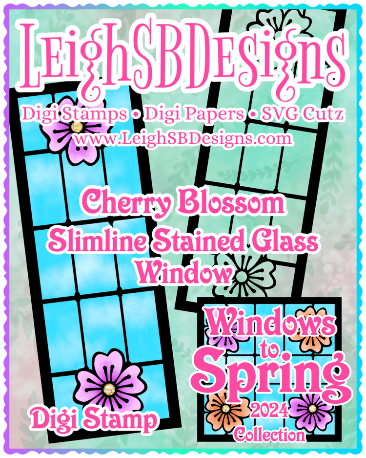 LeighSBDesigns Cherry Blossom Slimline Stained Glass Window Digi Stamp