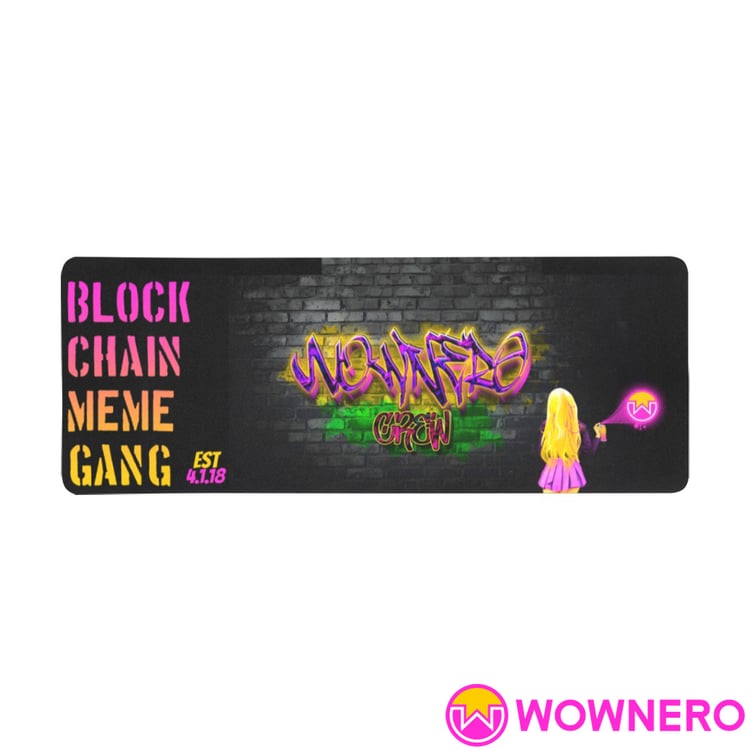 A rectangle mouse pad on it a girl spray painting graffiti art that reads Wownero Crew
