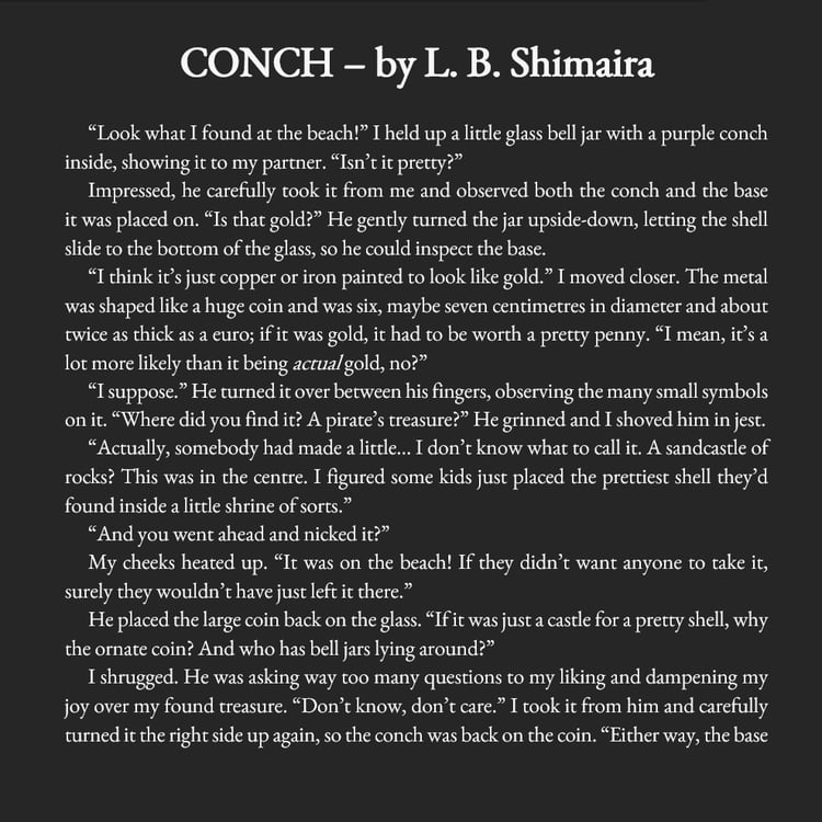 Image showing the first page of the story, which is too much text to fit alt, sorry.