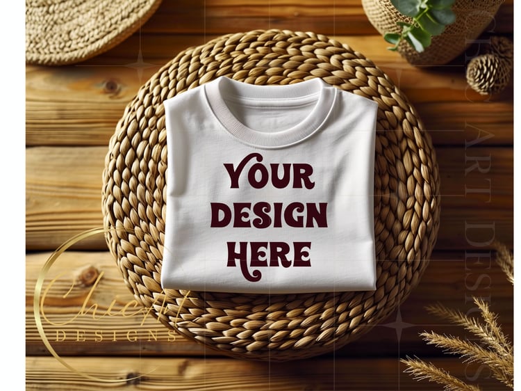 folded white tshirt mockup with wicker round Boho chic background
