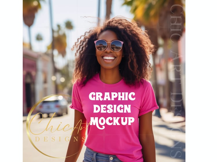 African American Woman Smiling Wearing Pink T-shirt Mockup and Sunglasses Digital Download with Sunny California Background