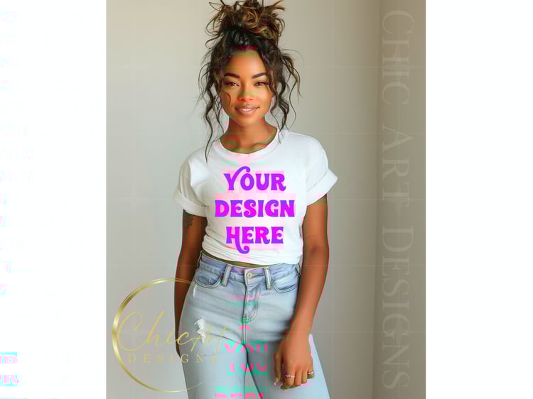 African American Woman Smiling Wearing White T-shirt Mockup Digital Download with Gray Background