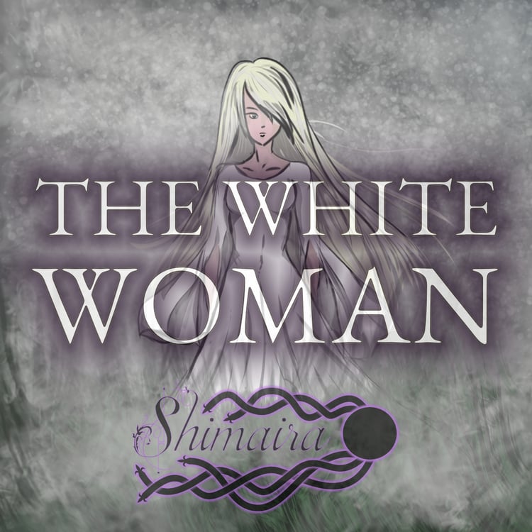 A drawing of a white woman with long white hair in a white dress surrounded by a thick fog.