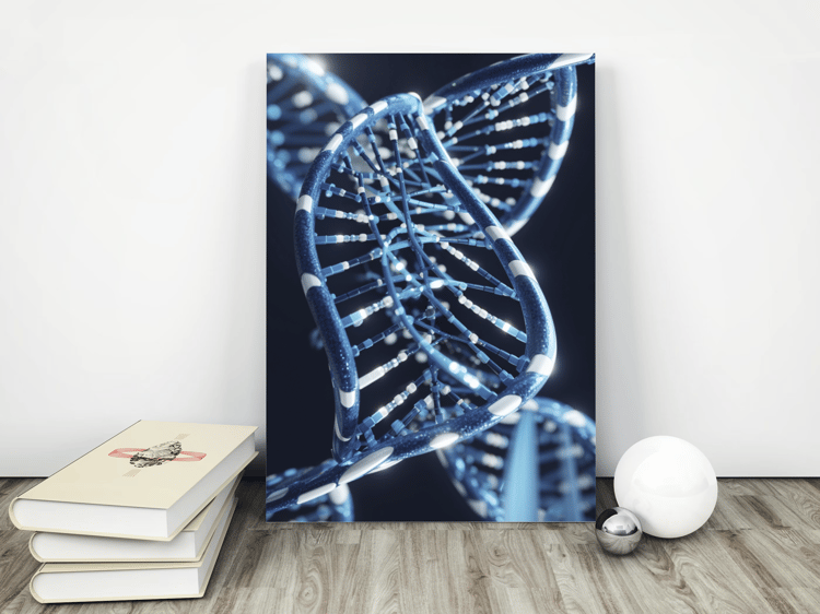 blue and white dna sequence poster mockup with vlack background