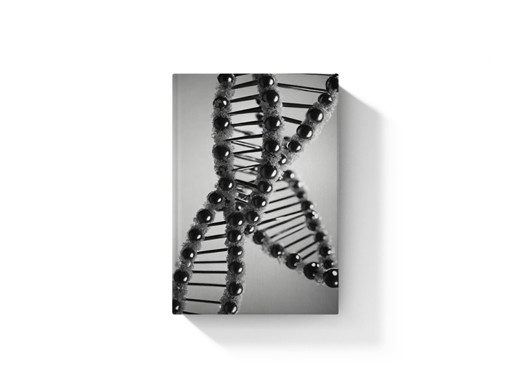 creative DNA sequence hardcover book mockup in black and white