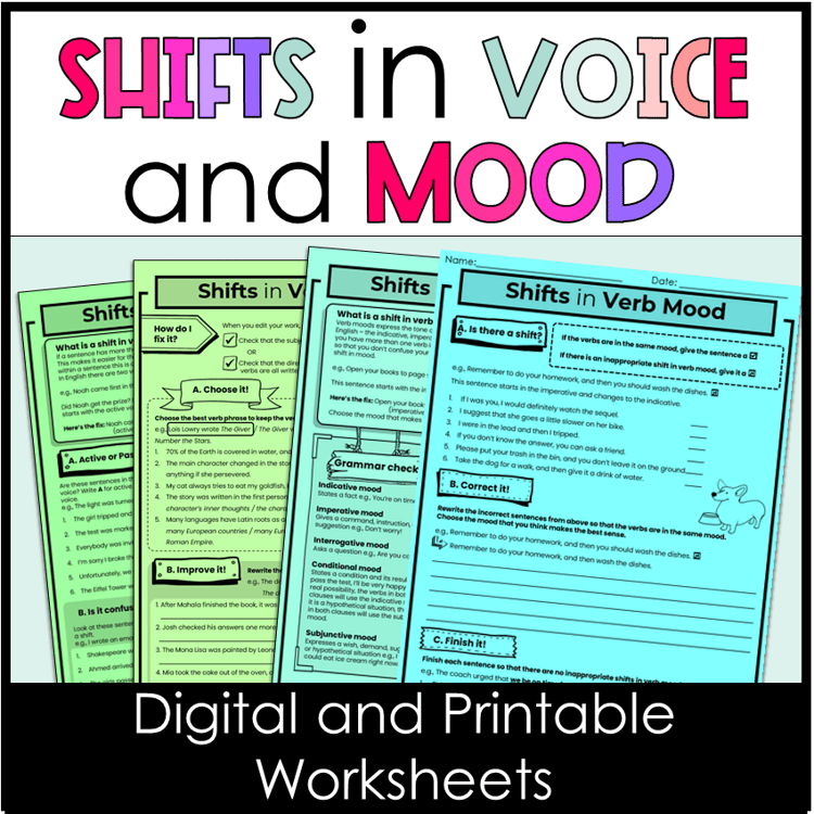 Digital and printable worksheets for practicing shifts in verb voice and mood.