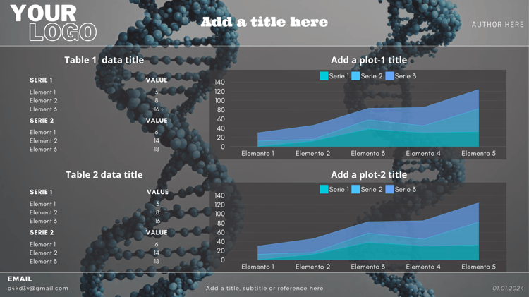 scientific canva presentations themed with a high quality DNA sequence design in dark blue in the background