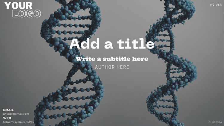 scientific canva presentations themed with a high quality DNA sequence design in dark blue in the background