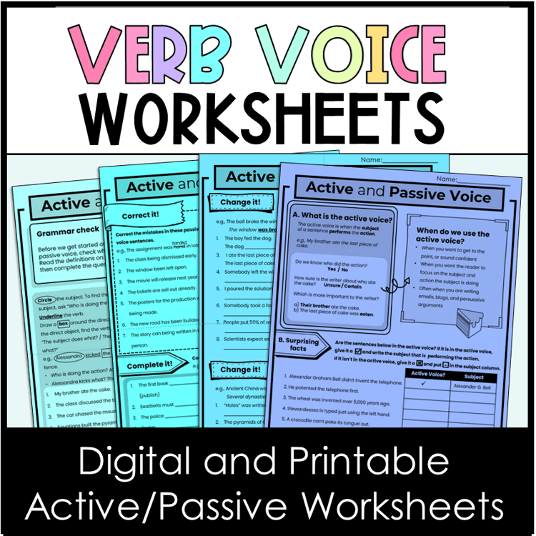 Worksheets for practicing active and passive verb voice.