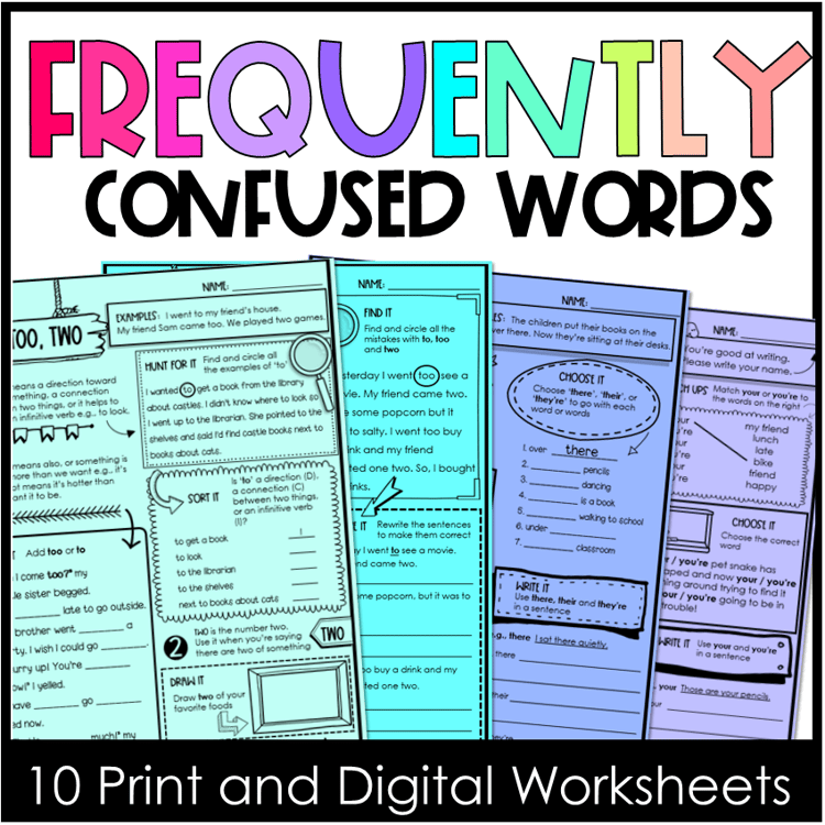 10 printable and digital worksheets to practice homophones and commonly misspelt words.
