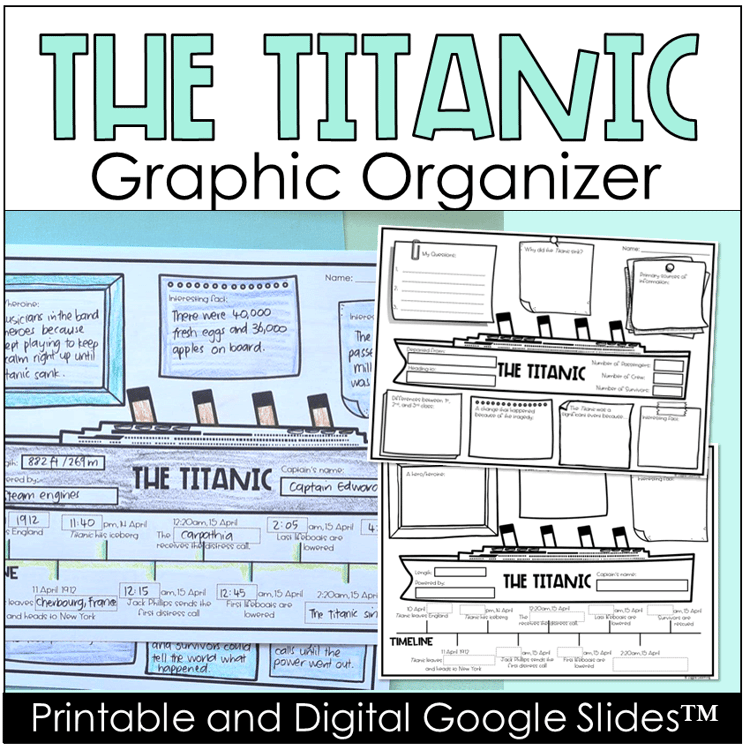 A graphic organizer for The Titanic with a printable and digital option.