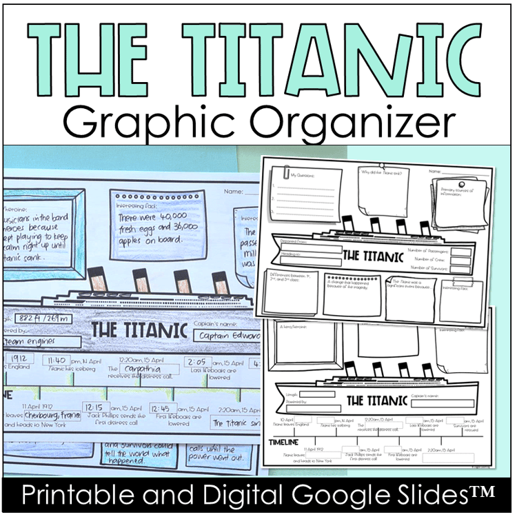 A graphic organizer for The Titanic with a printable and digital option.