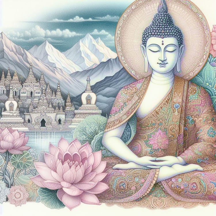 buddha with delicate woven robes with silver & gold glittery stitching. a backdrop of a mountains & a monasteries with intricate designs. Lotus flower petals. Blue cloudy sky. pastel shades., Buddhas, monasteries, lotus flower