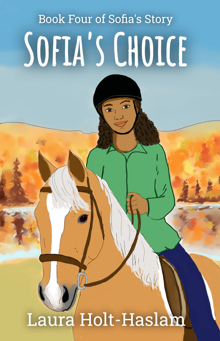 Sofias Choice book cover. Girl riding horse with autumn colors in background.