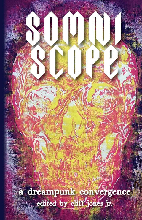 somniscope book cover showing a fiery skull in oranges and purples