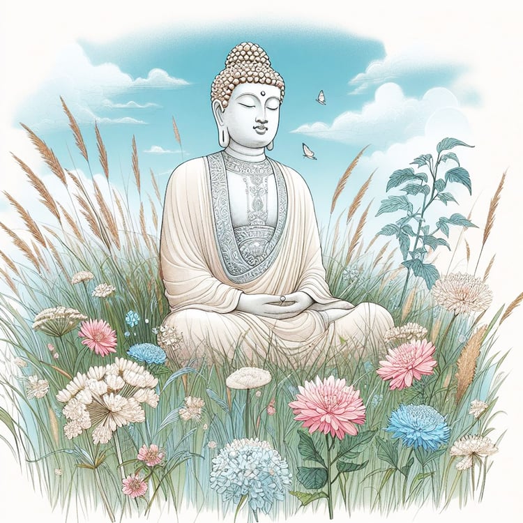 A cream buddha in a meadow with long green grass & beautiful flowers. Blue cloudy sky. buddha, buddhism