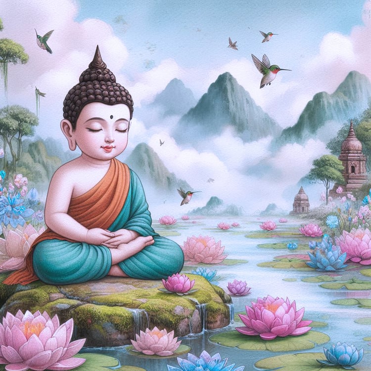 A  beautiful  child buddha with pale b Buddha, buddhism, budhist, Spiritual, Monasteries, Temples, Lotus Flowers, fantasy, wallpapers lue & orange robes & a brown headpiece meditates on a mossy rock besides a misty green lake which is adorned with dozens