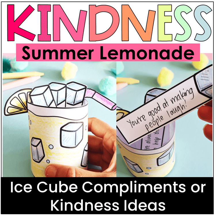 A summer kindness craft for children to make a glass of lemonade and fill it with ice cube compliments.