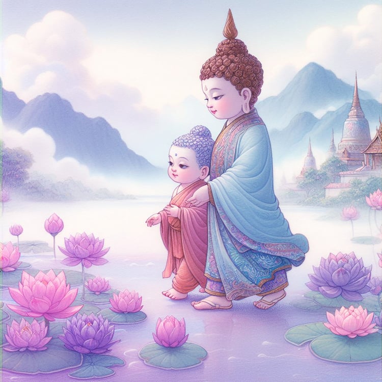 A beautiful child buddha with pale bluBuddha, buddhism, budhist, Spiritual, Monasteries, Temples, Lotus Flowers, fantasy, wallpaperse & orange robes & a brown headpiece holding the hand of a toddler buddha with gold headpiece. They walk across a misty pur