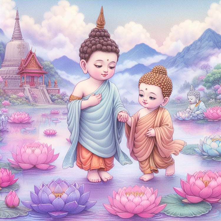 A beautiful child buddha with pale blue & orange robes & a brown headpiece holding the hand of a toddler buddha with gold headpiece. They walk across a misty purple lake which is adorned with dozens of pink, purple & Blue lotus flowers. There are mountain