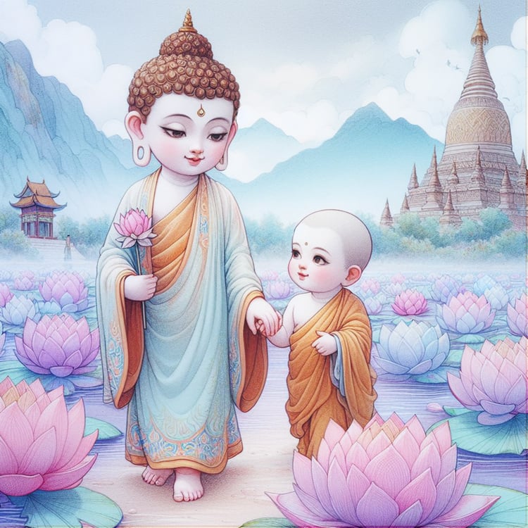A beautiful child buddha with pale blue & orange robes & a brown headpiece holding the hand of a toddler buddha with gold headpiece. They walk across a misty purple lake which is adorned with dozens of pink, purple & Blue lotus flowers. There are mountain