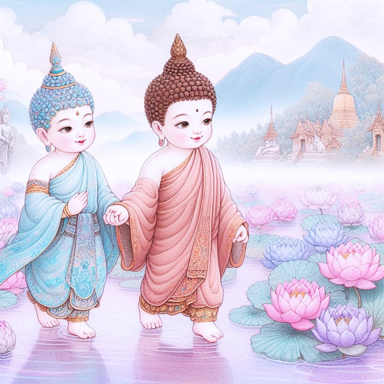 A beautiful child buddha with pale blue & orange robes & a brown headpiece holding the hand of a toddler buddha with gold headpiece. They walk across a misty purple lake which is adorned with dozens of pink, purple & Blue lotus flowers. There are mountain