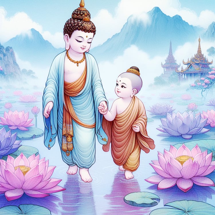 A beautiful child buddha with pale blue & orange robes & a brown headpiece holding the hand of a toddler buddha with gold headpiece. They walk across a misty purple lake which is adorned with dozens of pink, purple & Blue lotus flowers. There are mountain