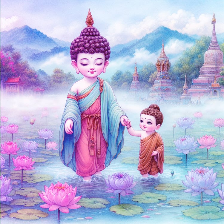 A beautiful child buddha with pale blue & orange robes & a brown headpiece holding the hand of a toddler buddha with gold headpiece. They walk across a misty purple lake which is adorned with dozens of pink, purple & Blue lotus flowers. There are mountain