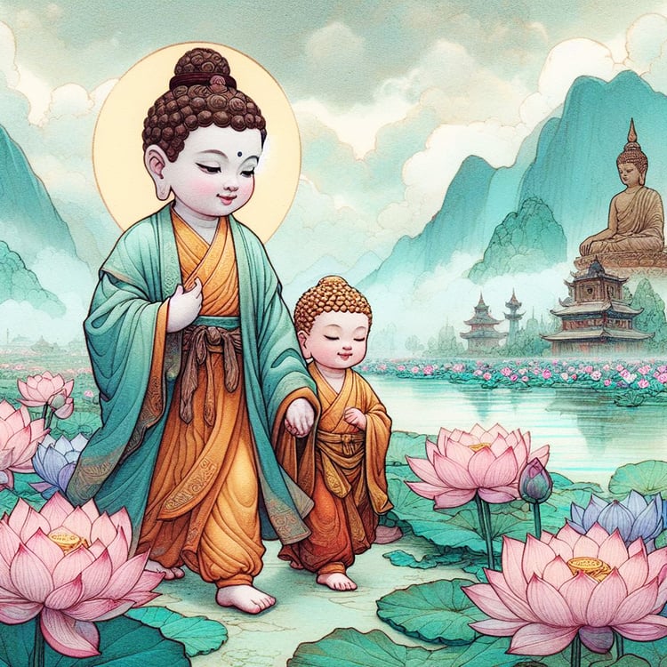 A beautiful child buddha with pale blue & orange robes & a brown headpiece holding the hand of a toddler buddha with gold headpiece. They walk across a misty purple lake which is adorned with dozens of pink, purple & Blue lotus flowers. There are mountain