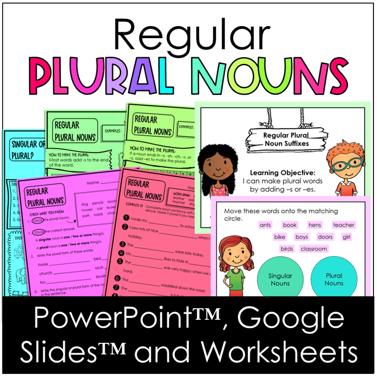 Worksheets, PowerPoint and Google Slides to practice regular plural nouns.