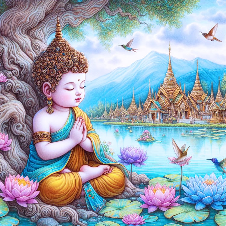 Buddha, buddhism, budhist, Spiritual, Monasteries, Temples, Lotus Flowers, fantasy, wallpapers, prays, meditates, meditation, Buddha children, lakes, forest, mountains, trees. A beautiful child buddha with gold & blue robes & a dark blue & silver headpiec