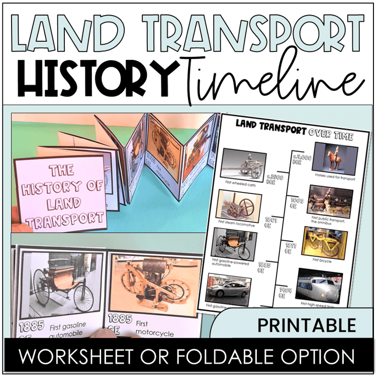 A worksheet and foldable timeline of the history of land transport.