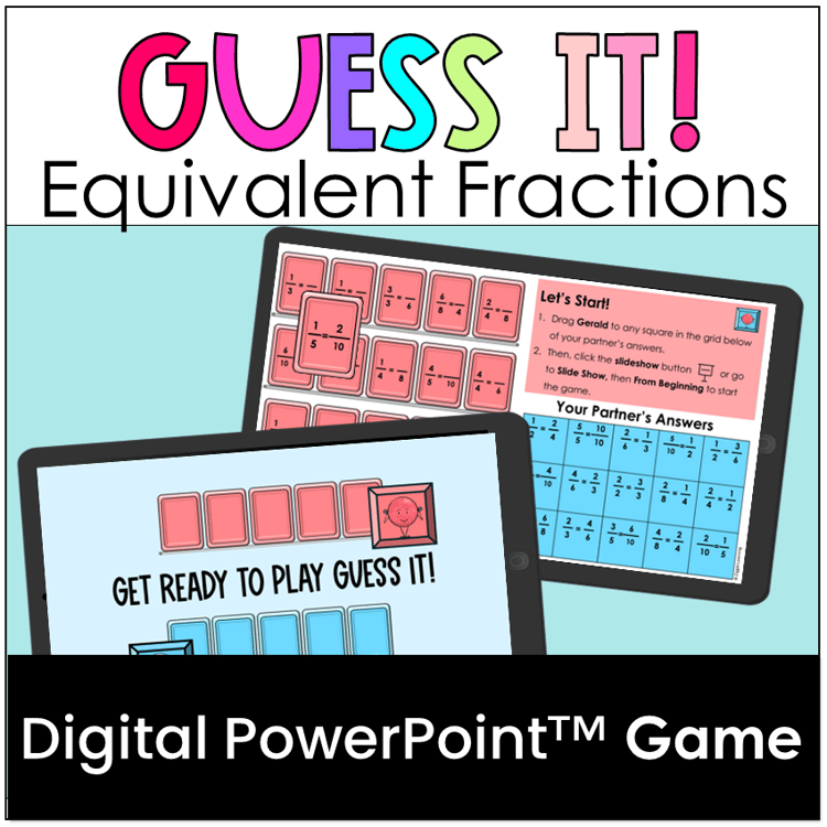 A digital PowerPoint game called Guess It!, based on the popular game of Guess Who, to practice equivalent fractions.