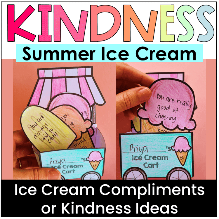 An ice cream cart craft with ice creams of kindness ideas and compliments on them.