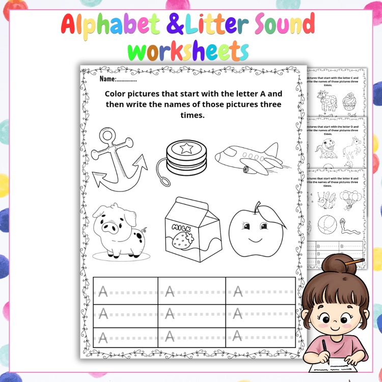 Alphabet and letters sound worksheets A-Z for Preschool and Pre-K