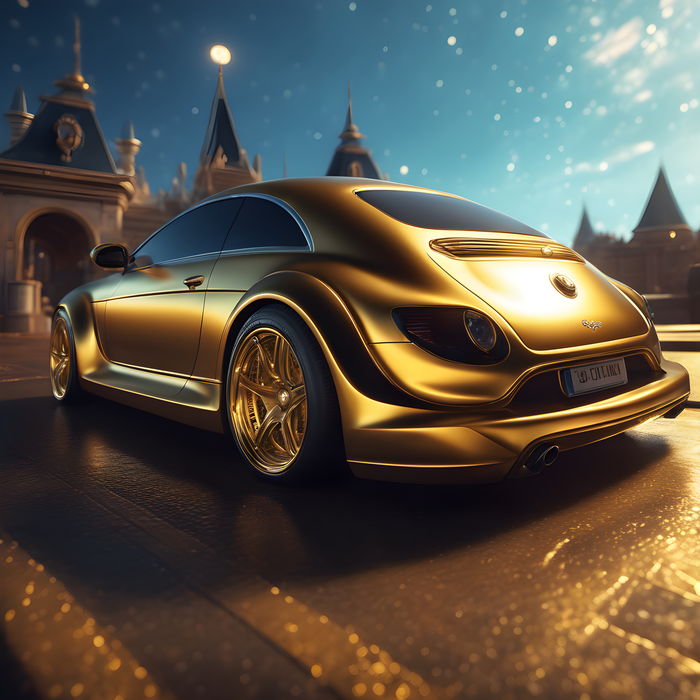3D Golden Luxurious Car Standing In Front Of Palace