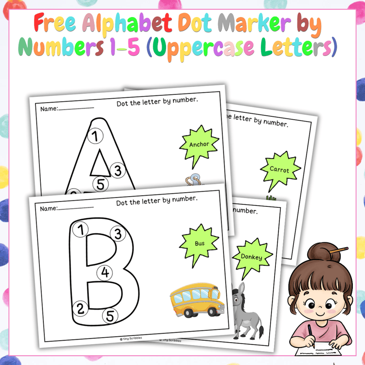 Free Alphabet Dot Marker by Numbers 1-5 (Uppercase Letters) for Preschool