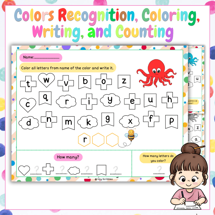 Colors Recognition, Coloring, Writing, and Counting Worksheets for Preschool.