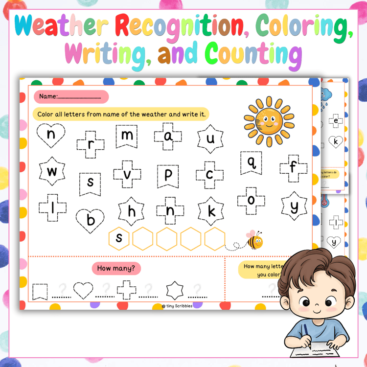 Weather Recognition, Coloring, Writing, and Counting Worksheets for Preschool