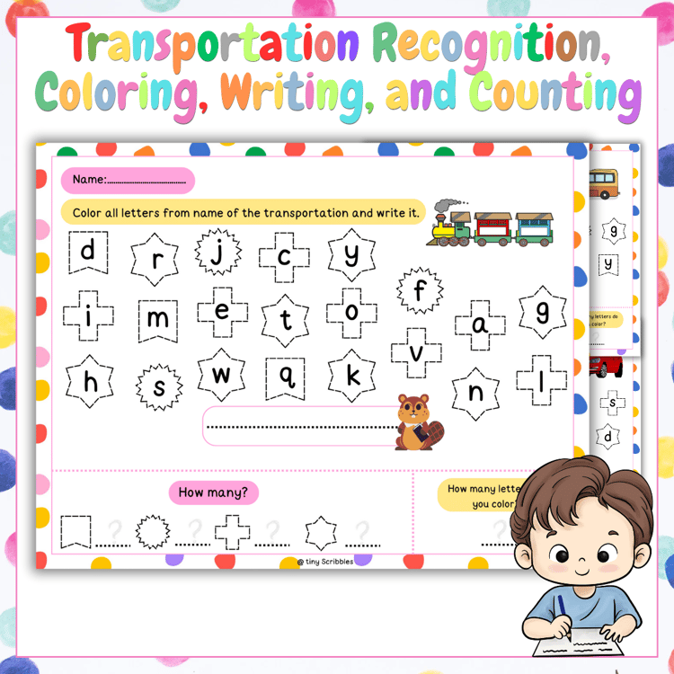 Transportation Recognition, Coloring, Writing, and Counting Worksheets