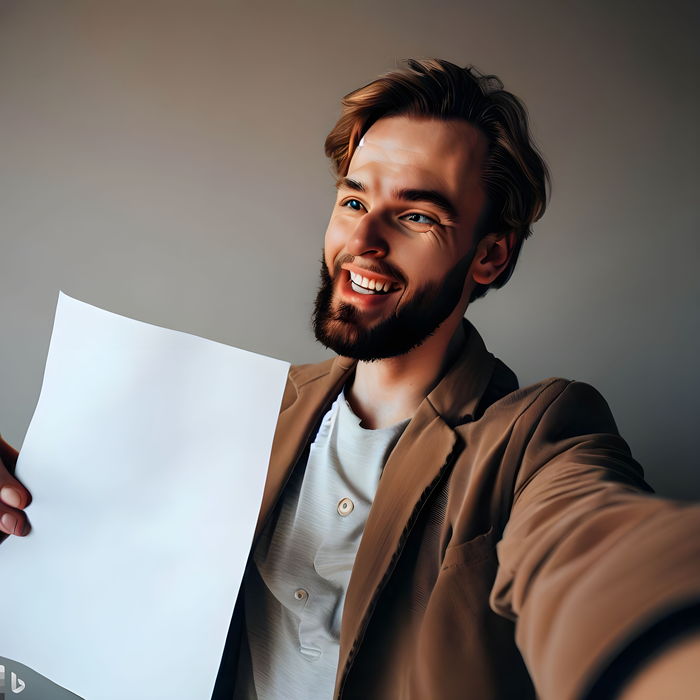 Modern Young Man In Woolen Jacket Taking Selfie while holding a empty Paper