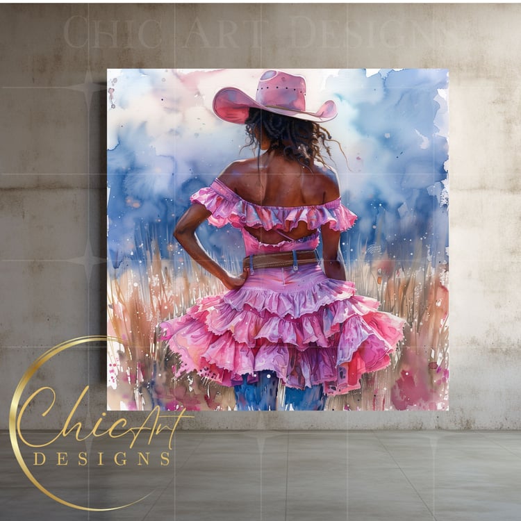 Stylish Cowgirl Wearing Pink Cowboy Hat & Pink Ruffles PNG Illustration