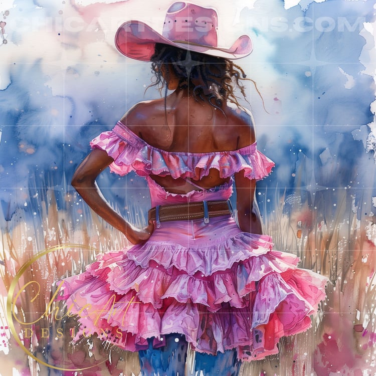 Stylish Cowgirl Wearing Pink Cowboy Hat & Pink Ruffles PNG Illustration