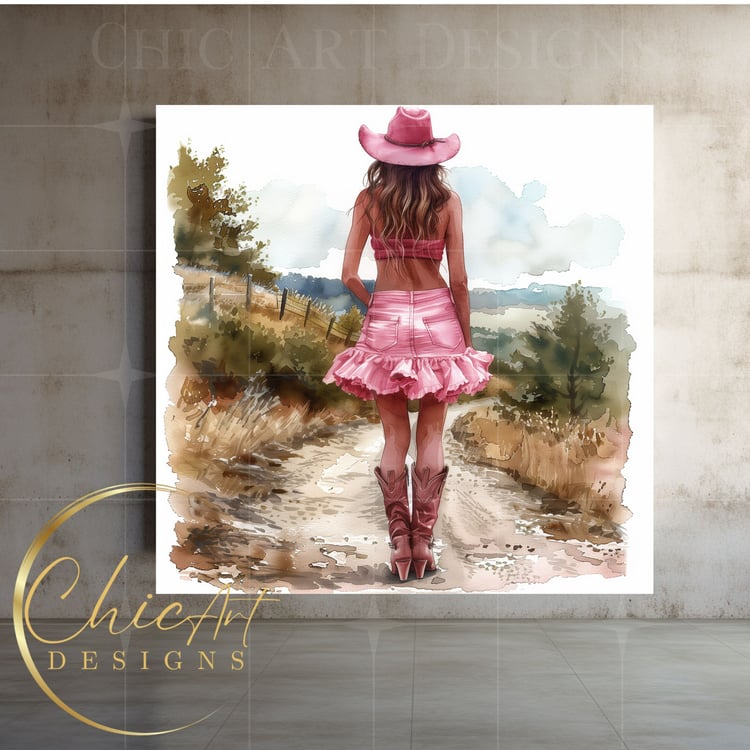 Stylish Cowgirl Dressed in Pink with Cowboy Hat PNG Illustration