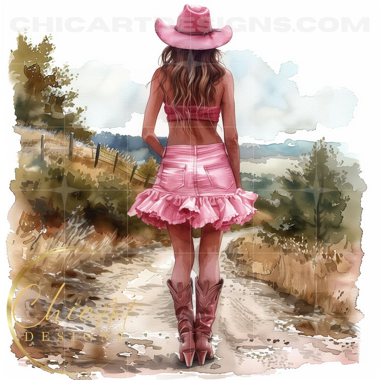 Stylish Cowgirl Dressed in Pink with Cowboy Hat PNG Illustration