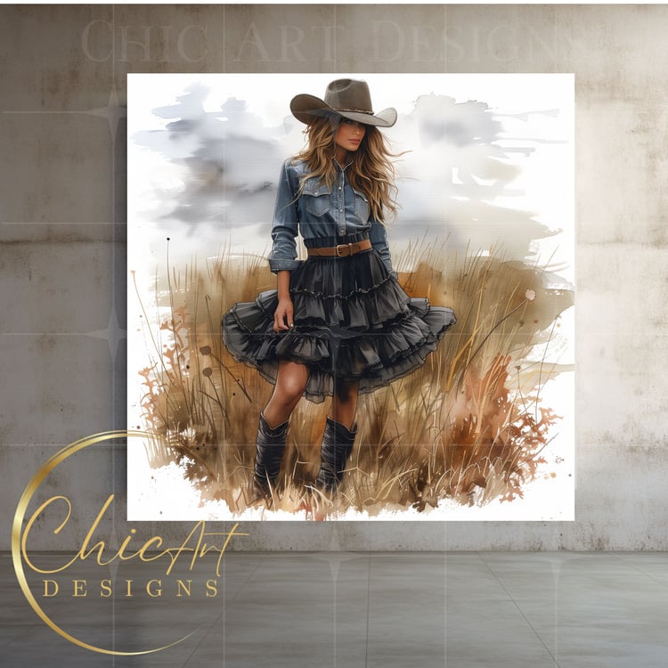 Stylish Cowgirl Wearing Denim Shirt and Black Ruffle Skirt PNG Illustration